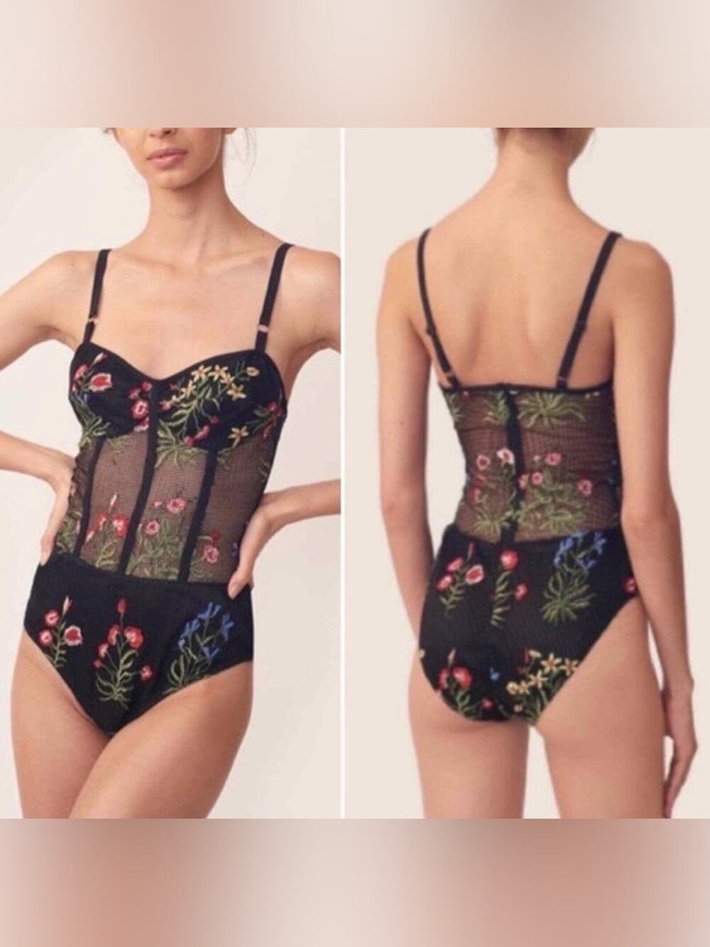 Allen Schwartz Embroidered Floral Mesh Corset Bodysuit Black Size 4 Sheer